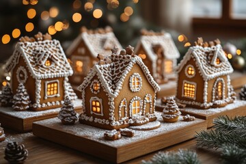 Christmas gingerbread houses on wooden table with bokeh background.. Pastries in the form of houses. Festive scene with holiday pastries. Christmas and New Year background.

