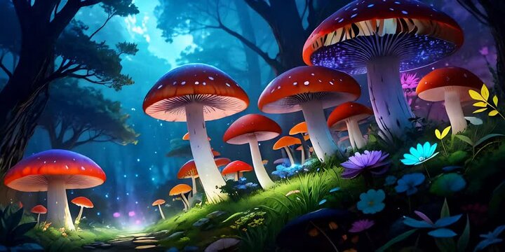 Mystical forest with giant mushrooms, bioluminescent plants. Bright animation with illustrations, transformations and metamorphoses. AI-generated video
