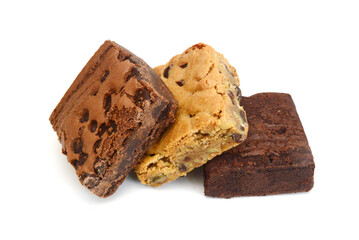 Sliced chocolate cake on white background