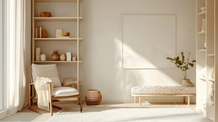 A living room with a chair and a picture on the wall