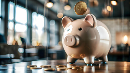 Floating Piggy Bank with Coin Insertion: Vector Illustration of a Playful Piggy Bank and Coin, Symbolizing Financial Growth and Savings, Isolated on White Background