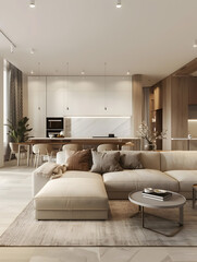 nterior design of modern scandinavian apartment, living room and dining room, panorama 3d rendering 3D Rendering. Generative Ai.