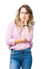 Beautiful young blonde woman over isolated background thinking looking tired and bored with depression problems with crossed arms.