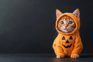 Cute Cat in Halloween Costume on Dark Orange Background