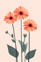 Bright Orange Gerberas Clipart with Thin Stems and Green Leaves