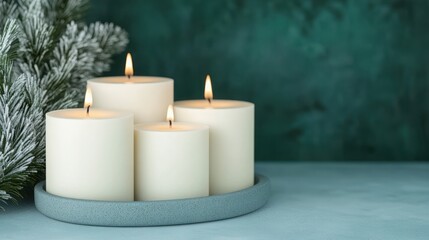 Serene arrangement of white candles with soft flames, set against a calming green backdrop, perfect for relaxation and ambiance.
