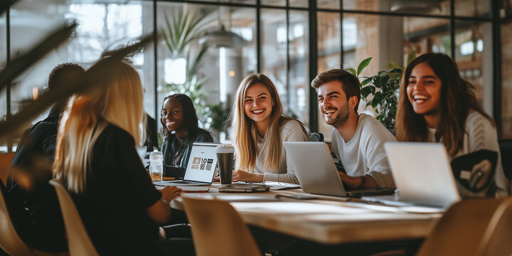 Smiling Team Collaborating in a Modern Office. A diverse team of young professionals works together on laptops in a bright and modern office space.