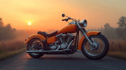 Vintage Motorcycle at Sunset, Orange Bike, Open Road, Travel, Adventure