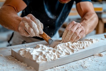 A springstone artist working on a new piece, chiseling away with precision to reveal a graceful, abstract form