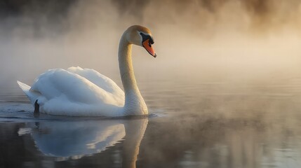 Fototapeta premium A Majestic Swan in a Misty Morning