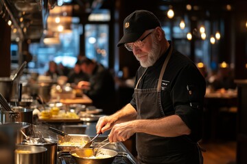 Chef preparing a gourmet meal in a modern restaurant kitchen during the evening rush hour