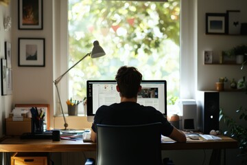 Home Office Efficiency A young man optimizes remote work dynamics, using his home office setup for effective online communication and project management.