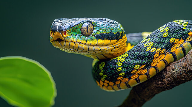 a majestic snake with black, yellow and green scales on its body slithering along the branch in front of a pure solid background.