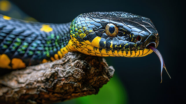 a majestic snake with black, yellow and green scales on its body slithering along the branch in front of a pure solid background.