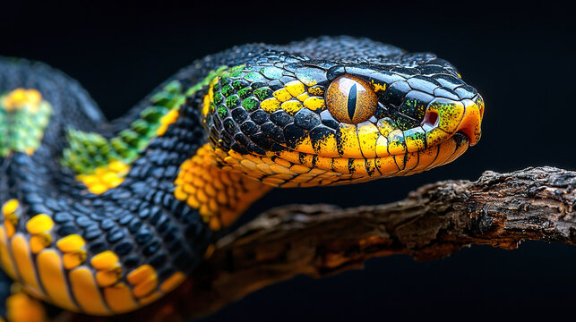 a majestic snake with black, yellow and green scales on its body slithering along the branch in front of a pure solid background.