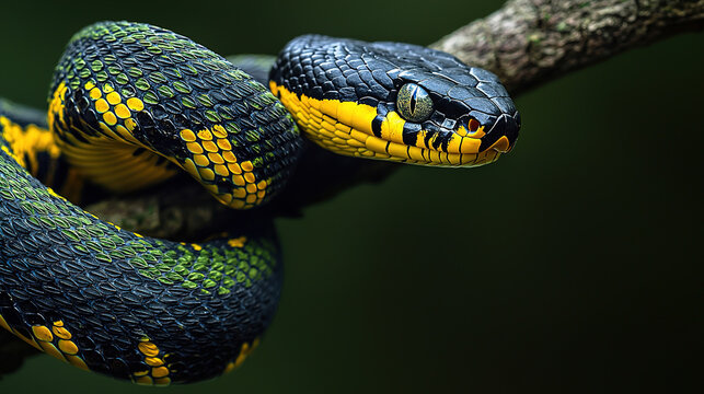 a majestic snake with black, yellow and green scales on its body slithering along the branch in front of a pure solid background.