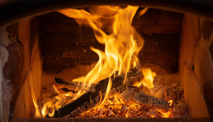 Fototapeta premium Bright Flames Illuminate a Burning Fire in a Fireplace and Copy Space