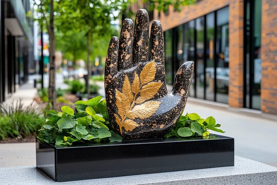 A springstone hand sculpture, symbolizing unity and strength, displayed as a symbol of togetherness in a community space