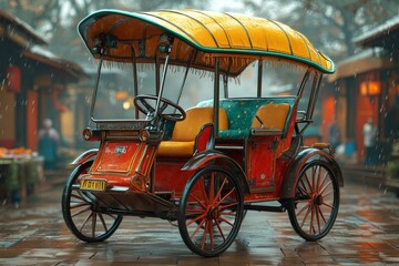 Yellow and Red Cart Ride on Rainy Street