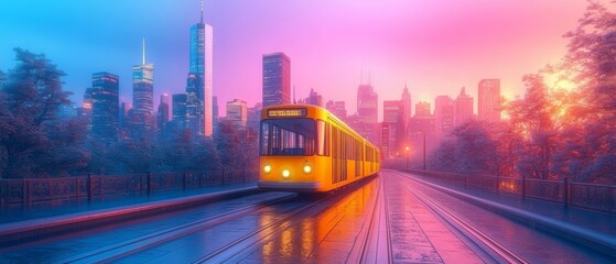 Fototapeta premium Futuristic Cityscape at Sunset, Illuminated by Neon Lights