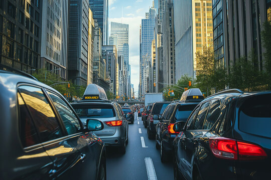 Vehicles are bumper-to-bumper in a bustling city center, Morning rush hour, Traffic jam