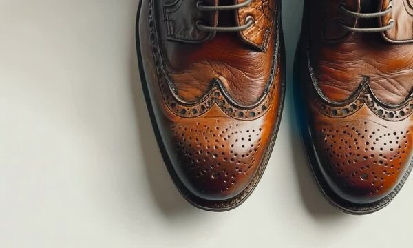 Pair of stylish brogues on white background, hyperrealistic Video