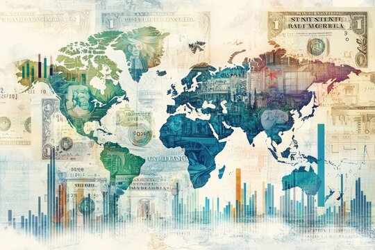 Illustration of global currency exchange featuring banknotes, a world map, and financial graphs.