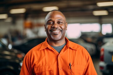 Fototapeta premium Portrait of a smiling middle aged African American mechanic in workshop