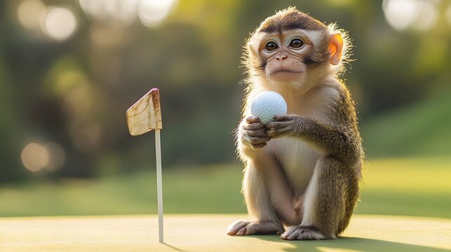 Playful Monkey Perched on Golf Course Flagstick Holding Golf Ball with Bright,Whimsical Lighting