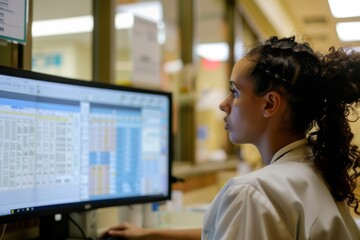 Registered nurse reviews patient charts on a computer monitor at nursing station