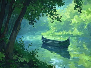 A green boat is floating on a river with trees in the background