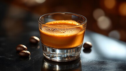 Espresso Shot: A close-up view of a steaming espresso shot in a clear glass, with coffee beans scattered on a sleek surface.  The warm, rich hues and delicate steam evoke a sense of luxury and indulge