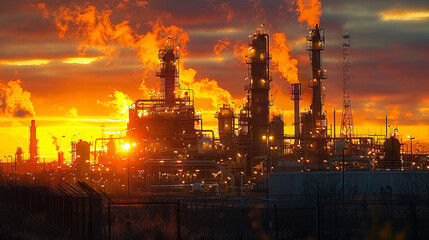 Fototapeta premium Industrial refinery with numerous chimneys bright lights night, emitting smoke during picturesque