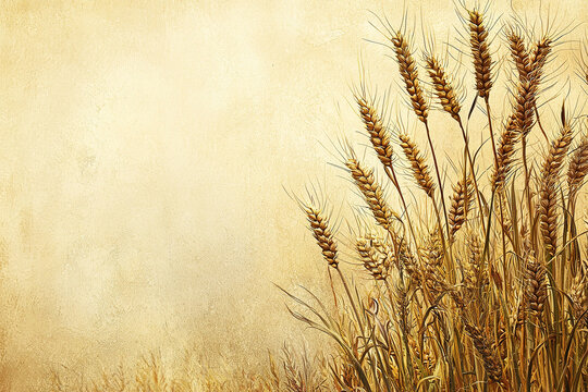 illustration of the parable of the weeds: wheat and weeds in a field growing together until harvest, beige background, copyspace