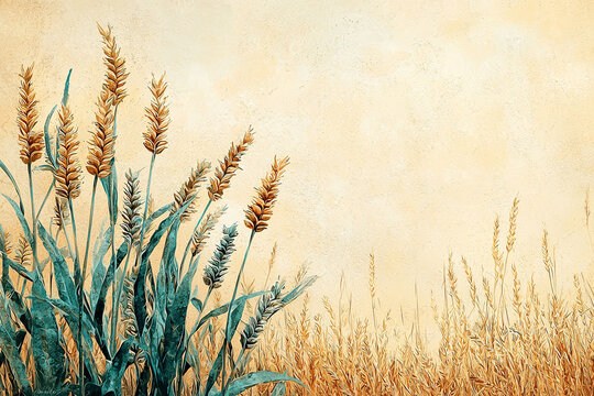 illustration of the parable of the weeds: wheat and weeds in a field growing together until harvest, beige background, copyspace