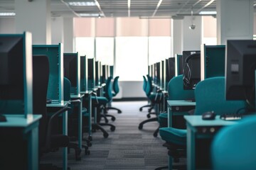 Well-Arranged Call Center with Headsets and Workstations