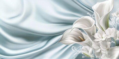 A serene composition of white flowers against a soft, flowing fabric background.