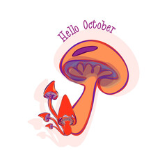 Hello October. Hello autumn. Template with colorful mushrooms and modern hand lettering. Sketch, design elements. Vector illustration suitable for card, banner, poster