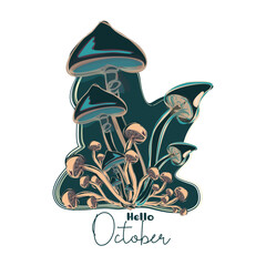 Hello October. Hello autumn. Template with colorful mushrooms and modern hand lettering. Sketch, design elements. Vector illustration suitable for card, banner, poster
