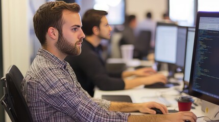 IT professionals in a modern office environment, deeply engaged in software development and collaborative programming.