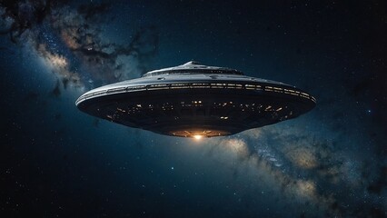 Obraz premium Mysterious spacecraft hovers over a vibrant galaxy filled with stars and cosmic phenomena in a deep space setting