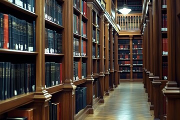 Obraz premium Law Library Focus Rows of books and legal volumes line the shelves in a stately law office environment.