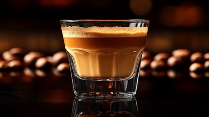 Espresso Shot: A close-up of a perfectly pulled espresso shot in a glass, with coffee beans scattered in the foreground, creating a warm and inviting ambiance.  