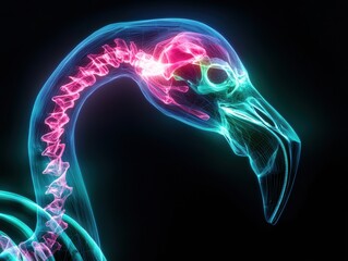 A skeletonized flamingo with a neon pink head and a neon green neck