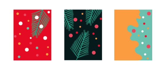 Merry Christmas and Happy New Year Set of greeting card, poster, holiday cover. Modern Xmas design in simple geometric style in green, red, pink and blue colors for ads, sales, print, season greetings © Naz
