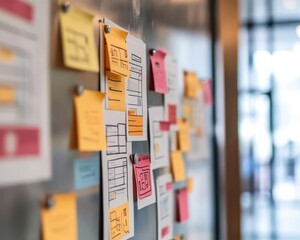 Colorful website wireframes pinned on a wall, collaborative design process, team brainstorming session