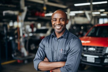 Portrait of a smiling middle aged African American mechanic in workshop