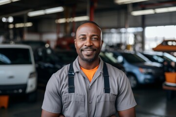 Obraz premium Portrait of a smiling middle aged African American mechanic in workshop