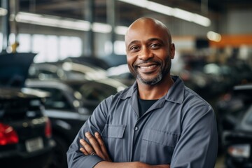 Obraz premium Portrait of a smiling middle aged African American mechanic in workshop
