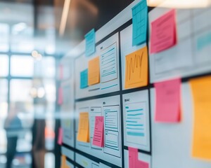 Colorful website wireframes pinned on a wall, collaborative design process, team brainstorming session